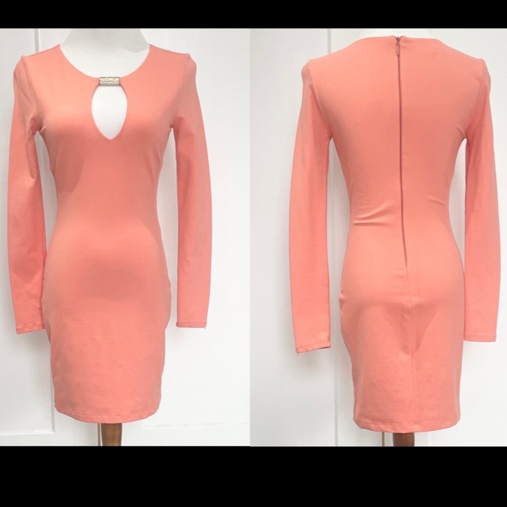 BEBE Long Sleeve Keyhole Coral Bodycon Dress - Size S/P